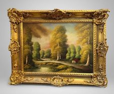 Scenic Forest & Lakeside Landscape Statement Framed Oil Painting