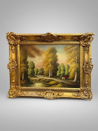 Scenic Forest & Lakeside Landscape Statement Framed Oil Painting