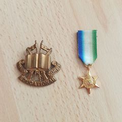 Brass British army cap badge for the Army Educational Corps (AEC) circa 1920 - 1946 & Atlantic Star, a British World War II campaign medal  copy