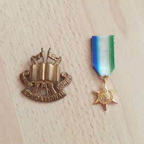 Brass British army cap badge for the Army Educational Corps (AEC) circa 1920 - 1946 & Atlantic Star, a British World War II campaign medal  copy