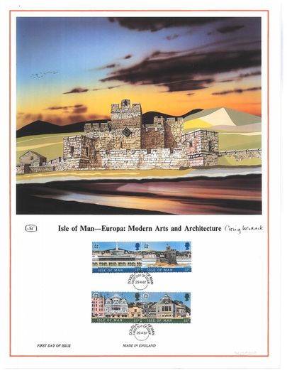 1987 Isle of Man Limited Edition Lithographed Print measuring 333mm X 257showing Europa Architecture Commemorative stamps with First Day of Issue Cancel