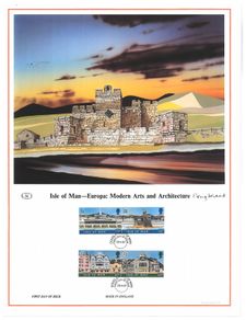 1987 Isle of Man Limited Edition Lithographed Print measuring 333mm X 257showing Europa Architecture Commemorative stamps with First Day of Issue Cancel