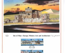 1987 Isle of Man Limited Edition Lithographed Print measuring 333mm X 257showing Europa Architecture Commemorative stamps with First Day of Issue Cancel
