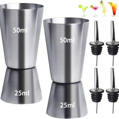 2Pcs Spirit Measures 25ml 50ml, Stainless Steel Shot Measure Alcohol Gin Jigger Bar Craft Dual Drinks Measure Cup with 4Pcs Freeflow Pourers