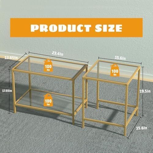 Nesting Tables, Set of 2 End Table, Coffee Tables, Side Table with Metal Frame for Living Room/Bedroom/Balcony/Office/Apartment, Diameter 60/40 cm (Gold Frame, Glass Top)
