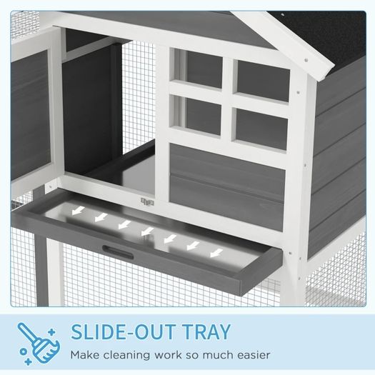 2 Tiers Rabbit Hutch and Run Wooden Guinea Pig Hutch Outdoor with Sliding Tray, Ramp, 122 x 62.6 x 92cm, Grey