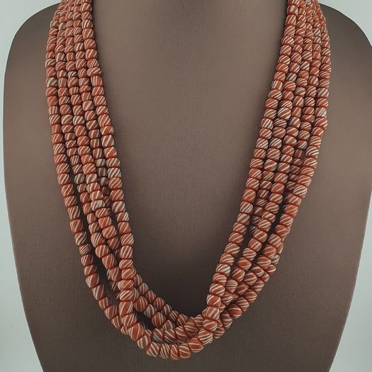 Vintage African white Stripe Orange 7.1mm - 7.5mm Glass Beads Necklace