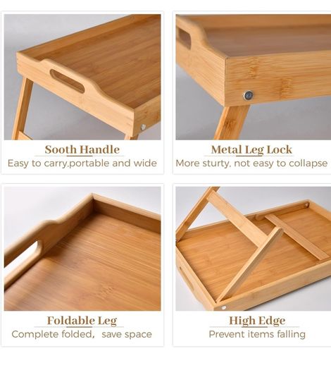 Brand New KKTONER Bed Tray Serving Tray Breakfast Tray Bamboo with Folding Feet Bedside Table