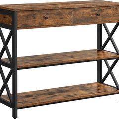 _Console table, hall table with 2 drawers, side table, coffee table with 3 levels, steel frame, X-shaped struts, for hallway, living room, industrial design, vintage brown-black