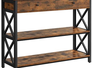 _Console table, hall table with 2 drawers, side table, coffee table with 3 levels, steel frame, X-shaped struts, for hallway, living room, industrial design, vintage brown-black