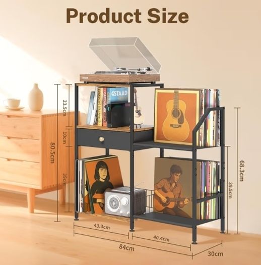 3 Tier Vinyl Storage Shelf with Turntable Holder, Side Table with Display Rack Up to 200 Albums, Rustic End Table with Drawer for Living Room, Black & Brown