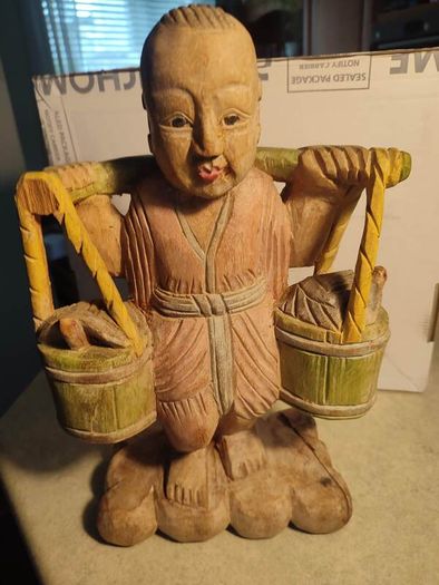 Chinese Polychrome Wood Carving of Boy Carrying Turtles
