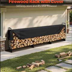 3.9m (12.6ft) Outdoor Firewood Rack with Waterproof Cover  Heavy Duty 3/4 Cord Log Holder