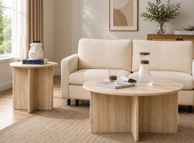 Set of 2 Round Coffee Tables Retro Look Solid Wood Beige