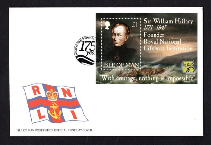 1999 Isle of Man 175th anniversary of Royal National Lifeboat Institution (RNLI) Sir William Hillary, 1771-1847 Commemorative Stamps Miniature Sheet First Day Cover (FDC)
