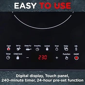 Electric Digital Induction Hob with 8 Temperature & Power Settings, 6 Cooking Modes, Timer, Overheat Protection, Auto Off, Child Safety Lock, Black