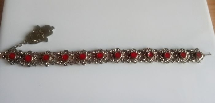 Vintage 1960s Souvenir du Maroc Hamsa Hand link bracelet red enamel