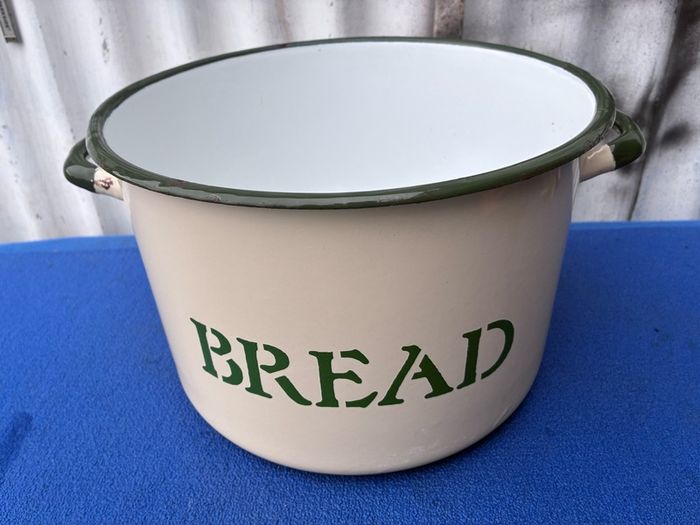 vintage circular enamel bread bin