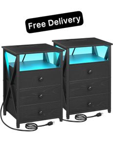 Bedside Table Set of 2 with Charging Station Black