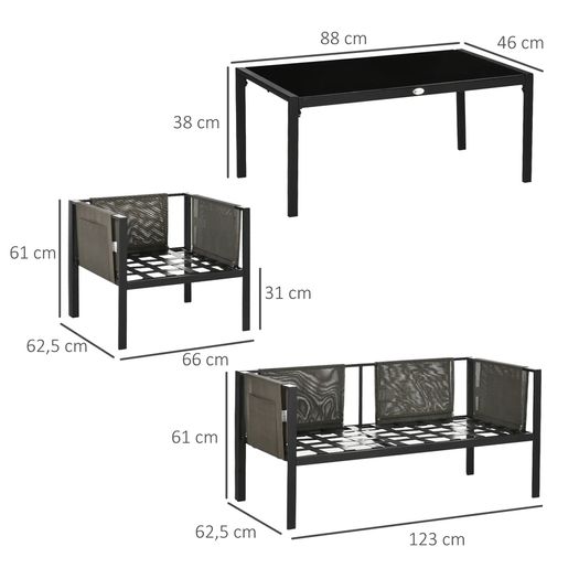 4 Piece Metal Garden Furniture Set - Includes Tempered Glass Coffee Table, Texteline Pocket, Outdoor Patio Set with Loveseat, Single Armchairs and Padded Cushions, Light Grey