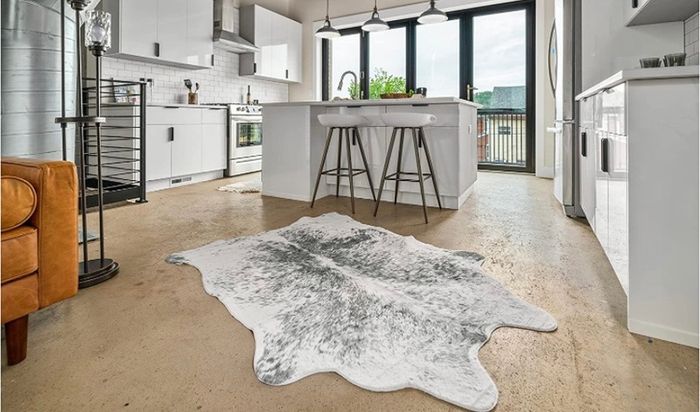 Large Faux Cowhide Rug - Chalk and Board (4.6ft x 6.6ft) - White/Gray Cow Print Area Rug for a Western Boho Decor - Synthetic, Cruelty-Free Animal Hide Carpet with No-Slip Backing (FREE POSTAGE)