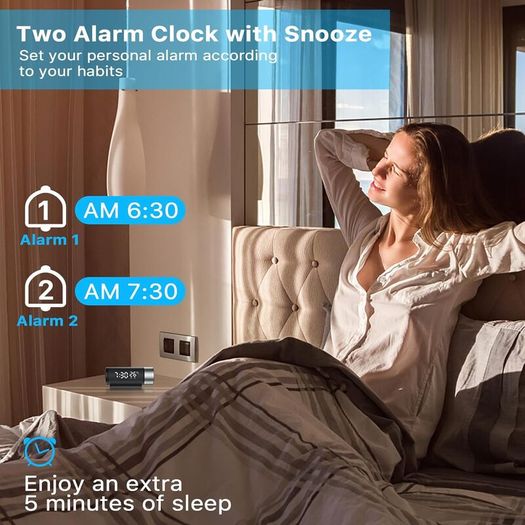 Digital Projection Alarm Clock with 180 Rotatable Projector, Dual Alarm, 12/24H, Snooze, 4-Level Dimmer for Bedrooms