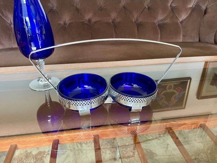Vintage 1950s Cobalt Blue Glass & Silver Chrome Double Table Basket