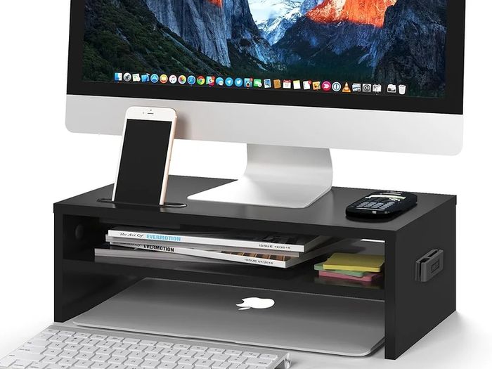 Monitor Stand Riser, 2 Tier Wooden Desk Riser, 420mm Wide, 142mm Height, 30kg Load, Cable Management Slots, Phone Holder, Non Slip Pads, Monitor Riser Stand, Desktop Organiser, Black