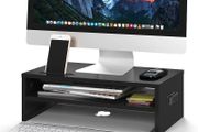 Monitor Stand Riser, 2 Tier Wooden Desk Riser, 420mm Wide, 142mm Height, 30kg Load, Cable Management Slots, Phone Holder, Non Slip Pads, Monitor Riser Stand, Desktop Organiser, Black
