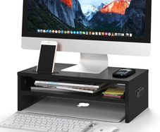 Monitor Stand Riser, 2 Tier Wooden Desk Riser, 420mm Wide, 142mm Height, 30kg Load, Cable Management Slots, Phone Holder, Non Slip Pads, Monitor Riser Stand, Desktop Organiser, Black