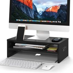 Monitor Stand Riser, 2 Tier Wooden Desk Riser, 420mm Wide, 142mm Height, 30kg Load, Cable Management Slots, Phone Holder, Non Slip Pads, Monitor Riser Stand, Desktop Organiser, Black