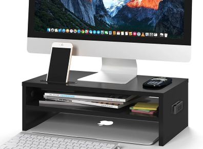 Monitor Stand Riser, 2 Tier Wooden Desk Riser, 420mm Wide, 142mm Height, 30kg Load, Cable Management Slots, Phone Holder, Non Slip Pads, Monitor Riser Stand, Desktop Organiser, Black