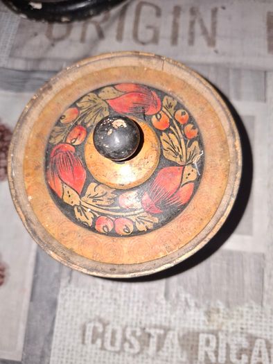 Vintage Russian Khokhloma Lidded Wooden Jar Hand Painted Lacquer Folk Art Trinket Box,