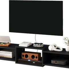 Floating TV Stand Wall Mounted,Wood TV Cabinet Media Console Shelf,Floating TV Unit for Under TV Storage for Living Room Bedroom Office,Black