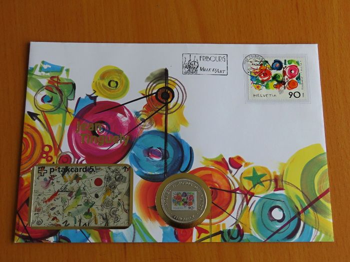 Jean Tinguely art coin & phonecard & 1988 stamp cover vintage