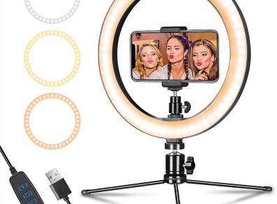 FREE EXPRESS SHIPPING  Dimmable Desk Makeup Ring Light 10" with Tripod Stand & Phone Holder for Live Streaming & YouTube Video,Photography, Shooting with 3 Light Modes & 10 Brightness Level