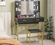 Dressing Table Set, with Storage and Stool - Black