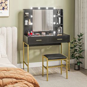 Dressing Table Set, with Storage and Stool - Black