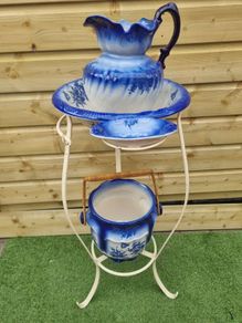 Antique Wash Stand with Jug, Wash Basin,  Bucket and Soap Dish