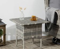 Rattan Side Table, Outdoor Coffee Table with Plastic Board Under the Full Woven Table Top for Patio, Garden, Balcony, Mixed Grey