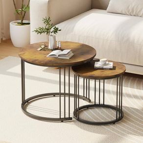 Round Coffee Tables, Set of 2 End Table, Nesting Tables, Side Table with Metal Frame for Living Room/Bedroom/Balcony/Office/Apartment, Diameter 23.6/15.7 IN (Rustic Brown