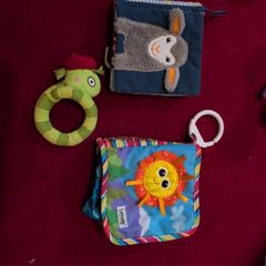 Baby sensory books and a rattle toy