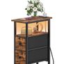 Slim Bedside Table with Charging Station, Narrow Side Table with LED Lights and 2 Fabric Drawers, Nightstand for Small Space, Bedroom, Living Room, Rustic Brown and Black Image 10