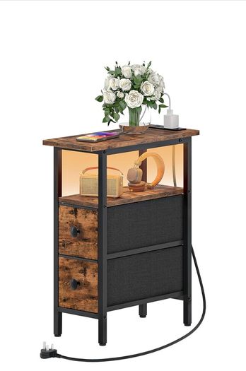 Slim Bedside Table with Charging Station, Narrow Side Table with LED Lights and 2 Fabric Drawers, Nightstand for Small Space, Bedroom, Living Room, Rustic Brown and Black