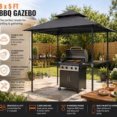 8 x 5 ft BBQ Gazebo Double-Tier Roof  2 Side Shelves  8 Tool Hooks