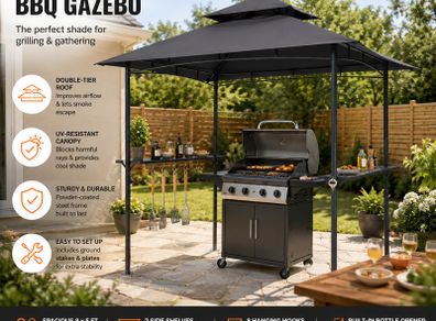 8 x 5 ft BBQ Gazebo Double-Tier Roof  2 Side Shelves  8 Tool Hooks