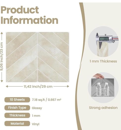 3D Stick on Tiles, Peel and Stick Wall Tiles, Self Adhesive Wall Tiles Waterproof Stick on Tiles Kitchen, Herringbone Sticky Tiles for Bathroom 10 Sheets/Pack (23x29cm) Beige