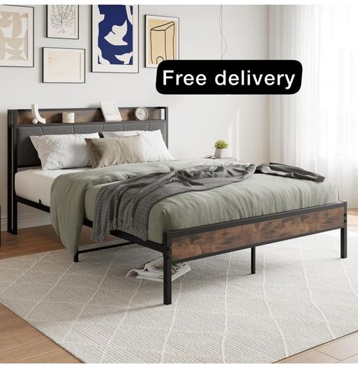 King Size Bed Frame with Wooden Storage