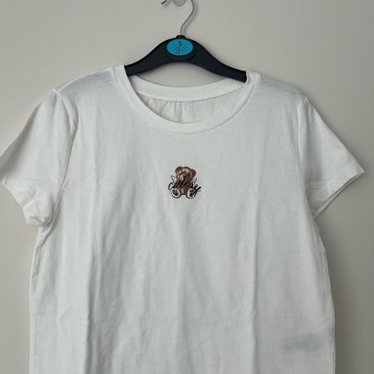 White Cropped Teddy Bear Graphic T-Shirt - Size S