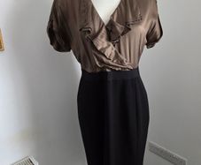 Like new. Size 14 Coast dress with black pencil skirt and olive-green silk frilled top.